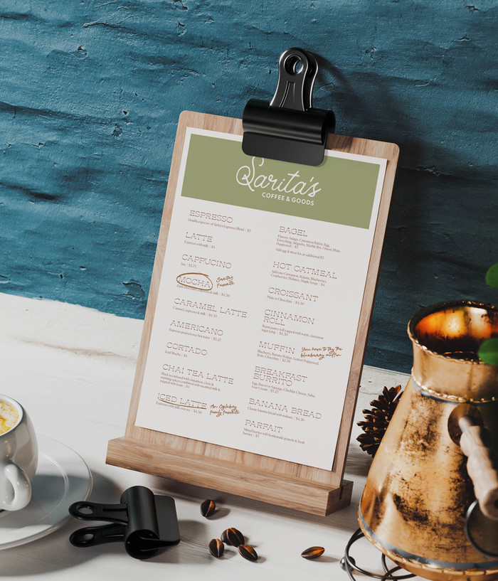 Sarita's Menu with handwritten suggestions.