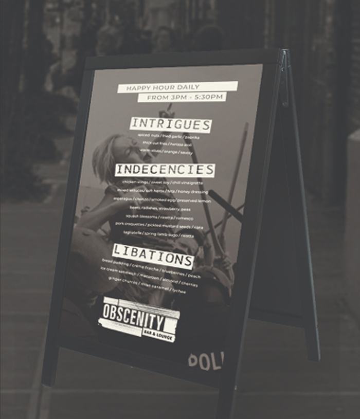 Obscenity Bar & Lounge a board sign