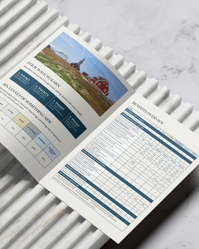 An open brochure spread resting on a ribbed white surface. The pages display Seabourn Club membership information, featuring a 'Four Ways to Earn' section and a comprehensive 'Benefits Overview' data table.
