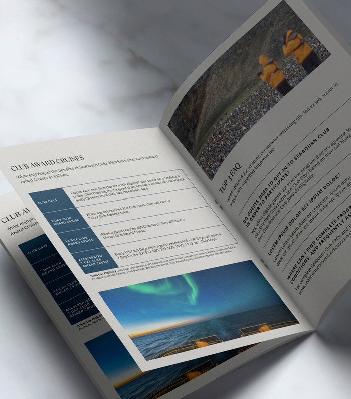 An open travel brochure detailing "Club Award Cruises" with a benefits table and a northern lights photo, next to a "Top 3 FAQ" page featuring an image of travelers in yellow parkas observing wildlife.