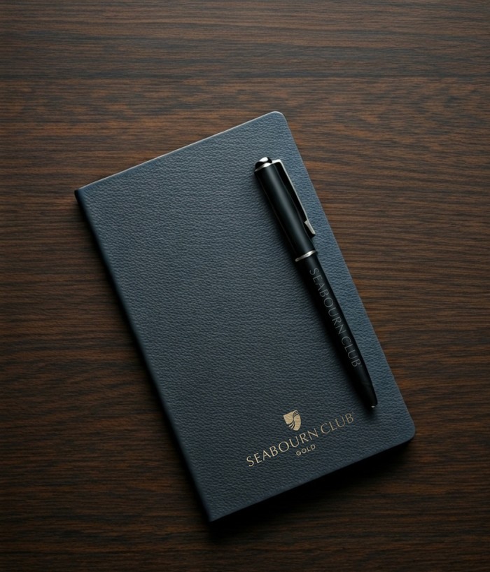 A textured dark blue notebook featuring a gold-embossed 'SEABOURN CLUB GOLD' logo rests on a dark wood surface. A black pen with silver trim and club branding lies diagonally across the cover.
