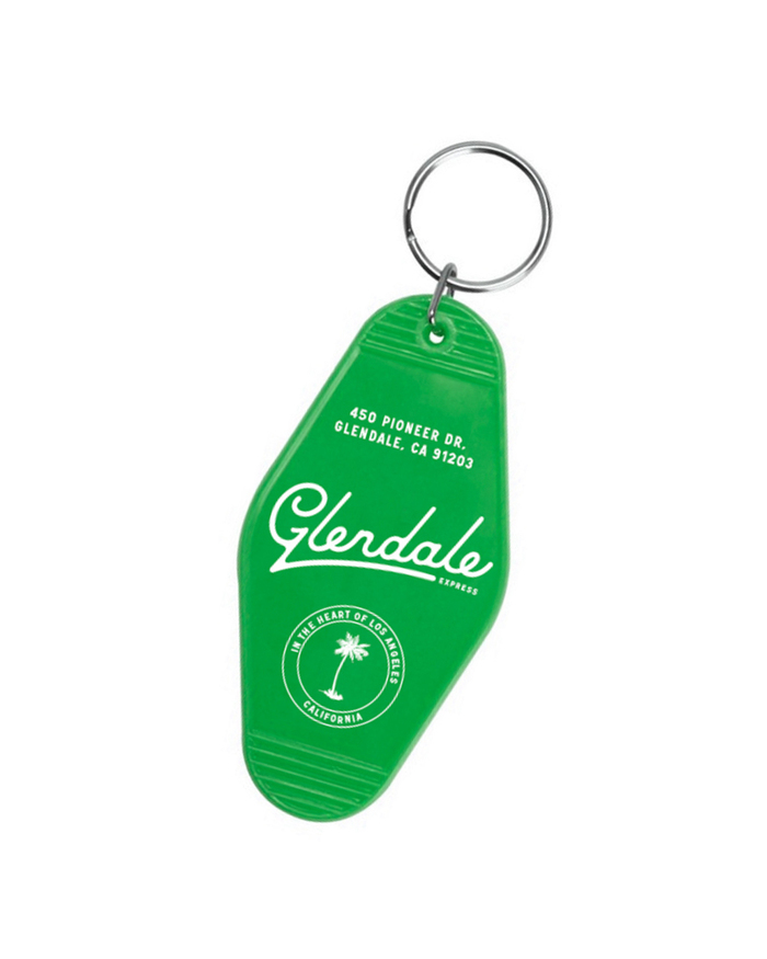 Green Glendale Express keychain with logo and palm tree lock up in white