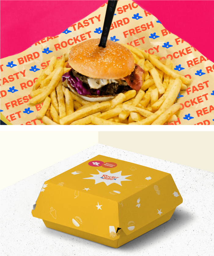 Top: Sandwich and fries against pink wall with rocketbird tissue paper. Below:Yellow sandwich packaging with illustrations