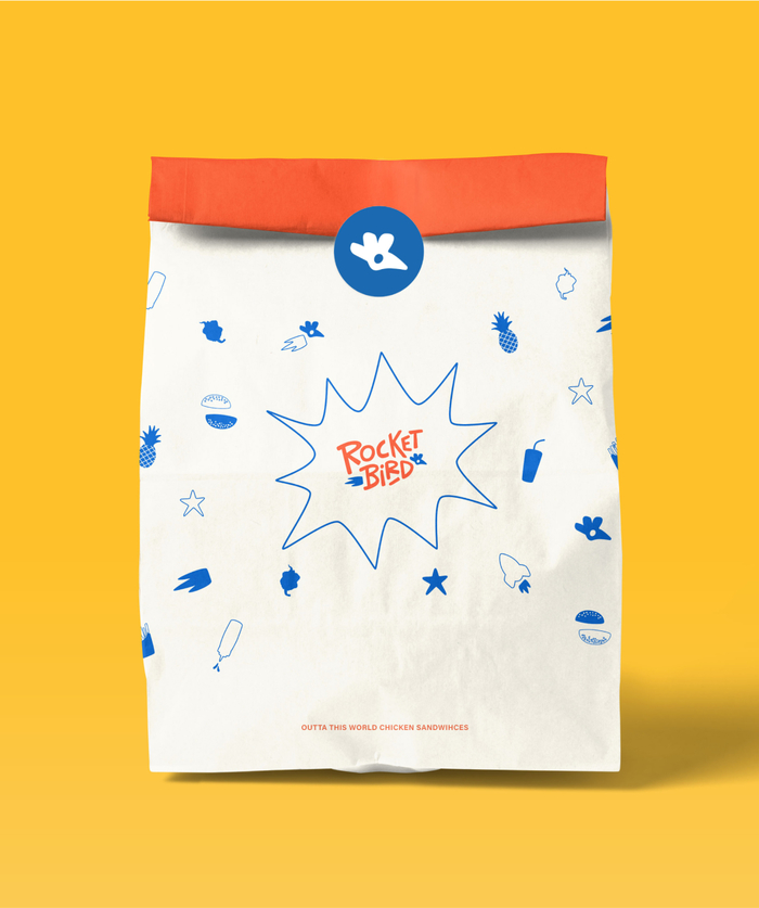 White delivery paper bag with orange back and blue custom food illsutrations